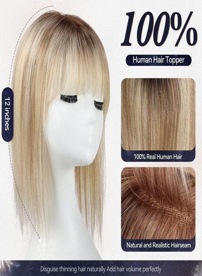 starluck 4.5"*5" Swiss Lace Base Hand-Tied Hair Toppers for Women Real Human Hair Topper，14 inch，With Bangs SilkHug Hair Topper for Women with Thinning or Grey Roots (Brown with Blonde Highlight) - Image 2